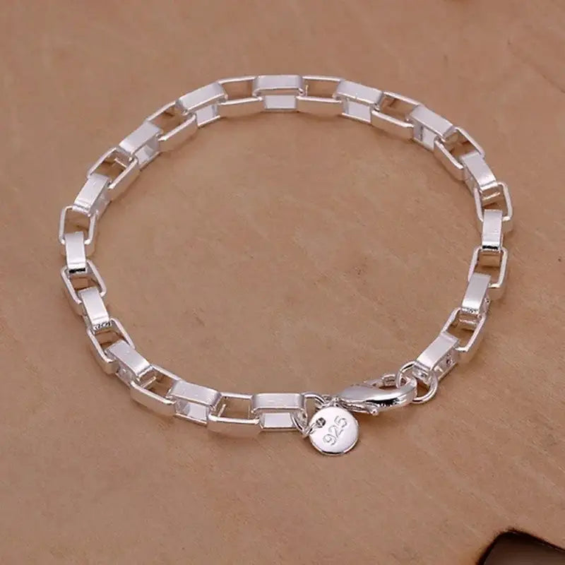 925 sterling silver rectangular box-link chain bracelet with a lobster clasp