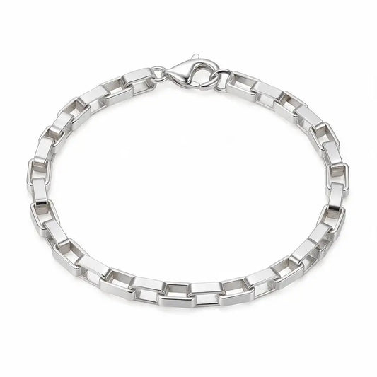 925 sterling silver rectangular box-link chain bracelet with a lobster clasp, product photo on white background