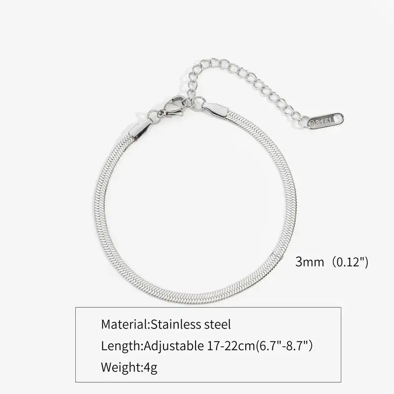 Silver flat herringbone chain bracelet, 3mm width