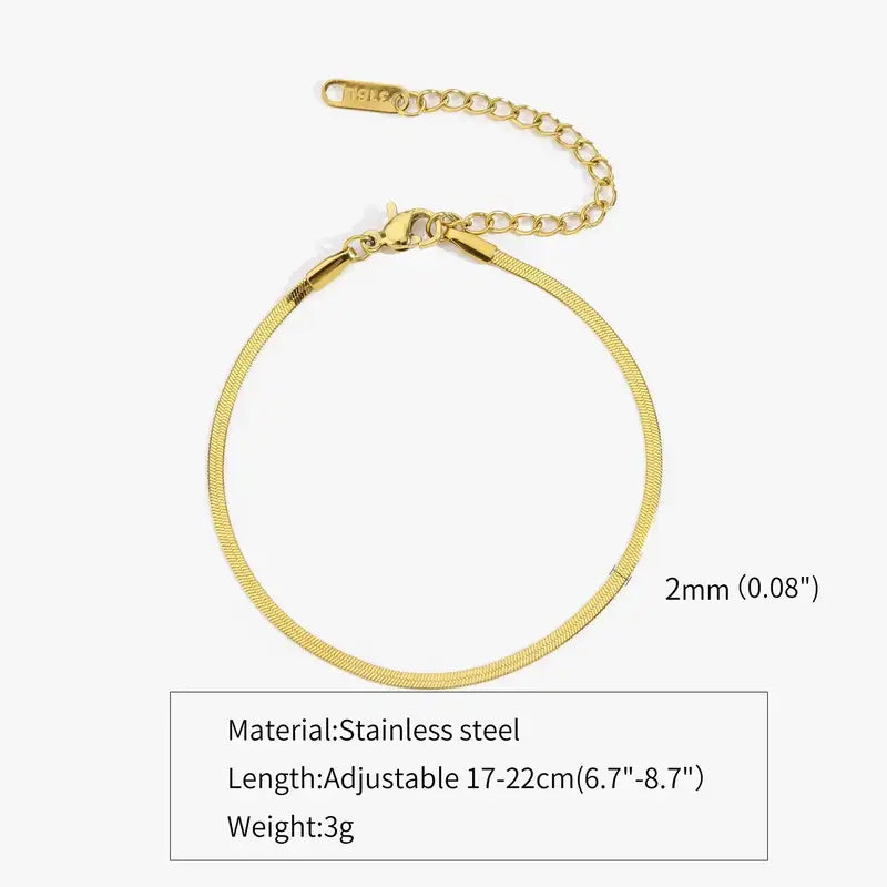 Gold flat herringbone chain bracelet, 2mm width