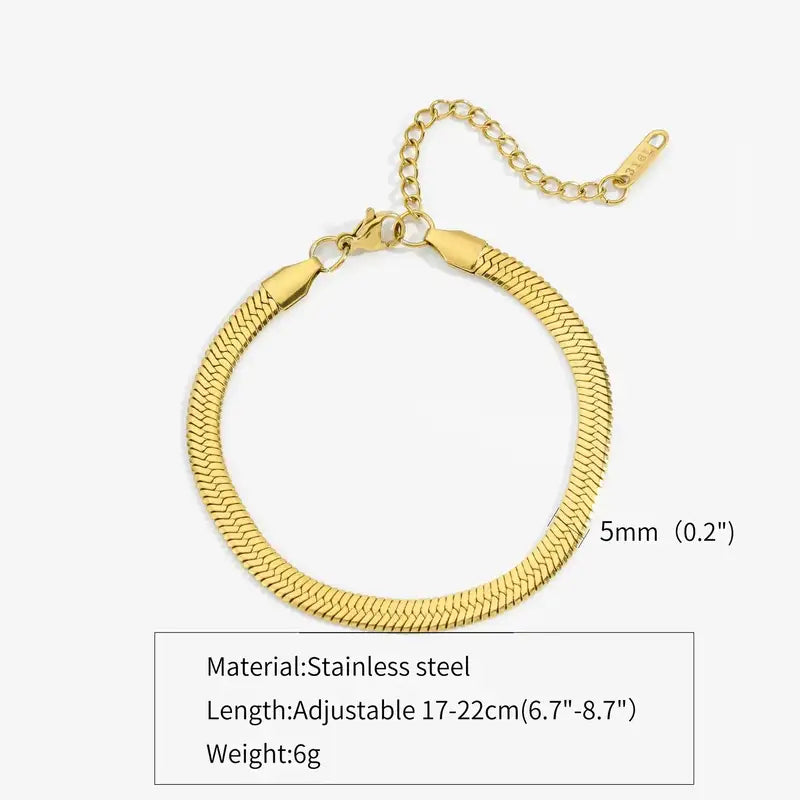 Gold flat herringbone chain bracelet, 5mm width