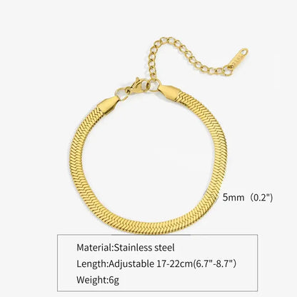 Gold flat herringbone chain bracelet, 5mm width
