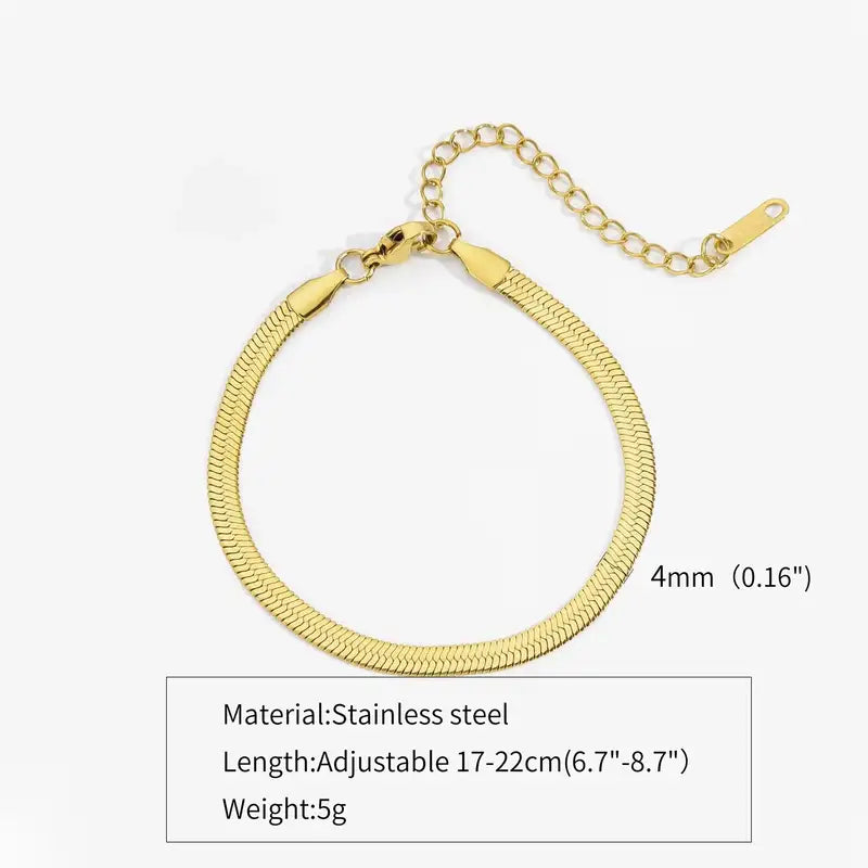Gold flat herringbone chain bracelet, 4mm width