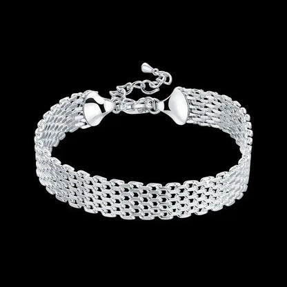 925 sterling silver wide woven mesh chain bracelet with cone end caps and lobster clasp