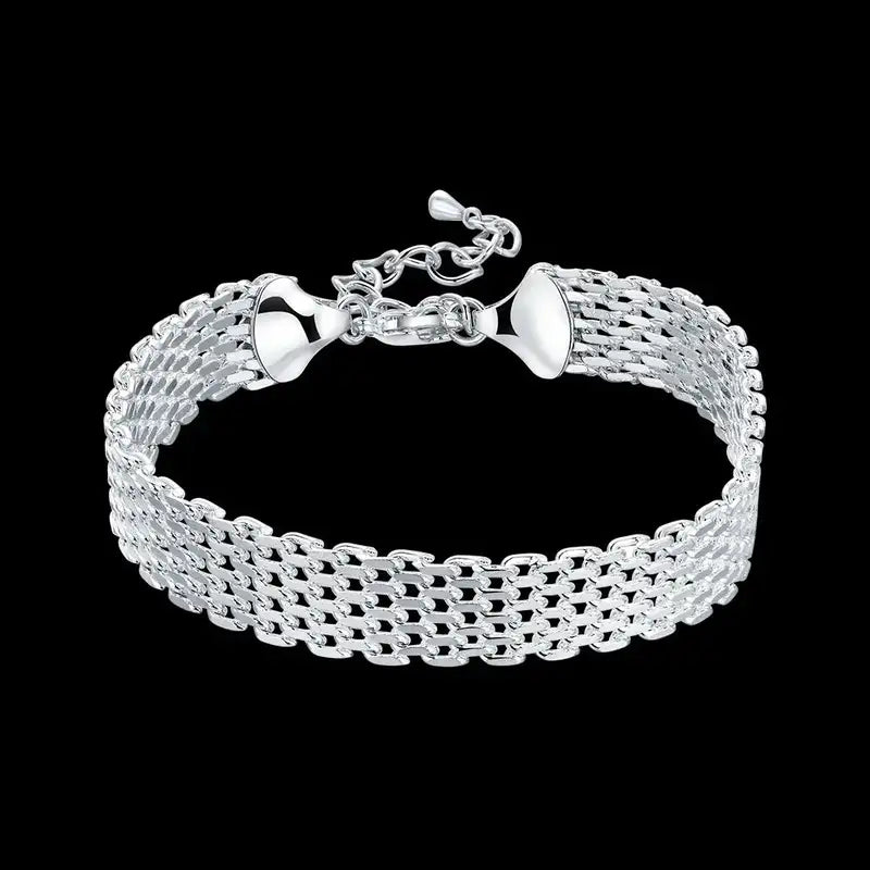 925 sterling silver wide woven mesh chain bracelet with cone end caps and lobster clasp