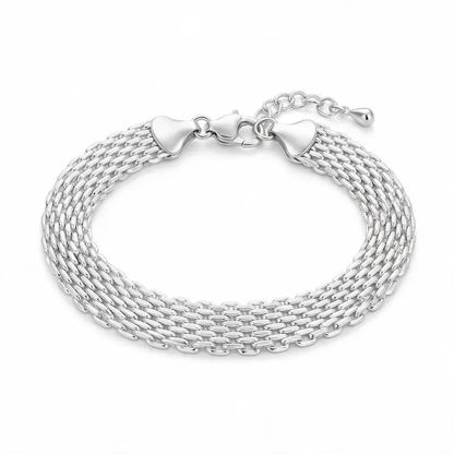 925 sterling silver wide woven mesh chain bracelet with cone end caps and lobster clasp, product photo on white background