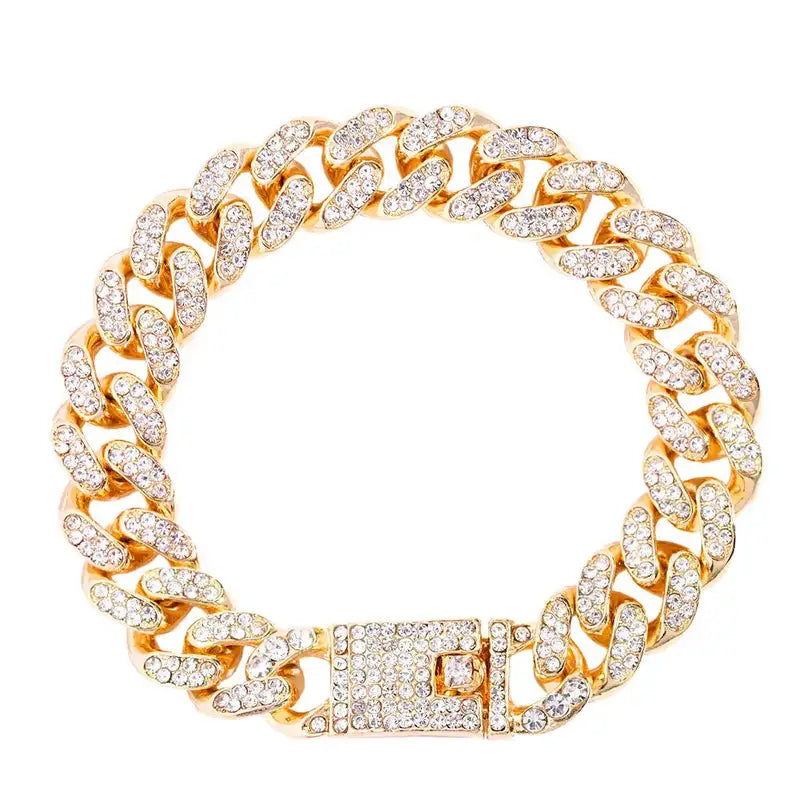 Gold iced-out rhinestone Cuban link bracelet with a sparkling clasp