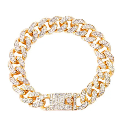 Gold iced-out rhinestone Cuban link bracelet with a sparkling clasp
