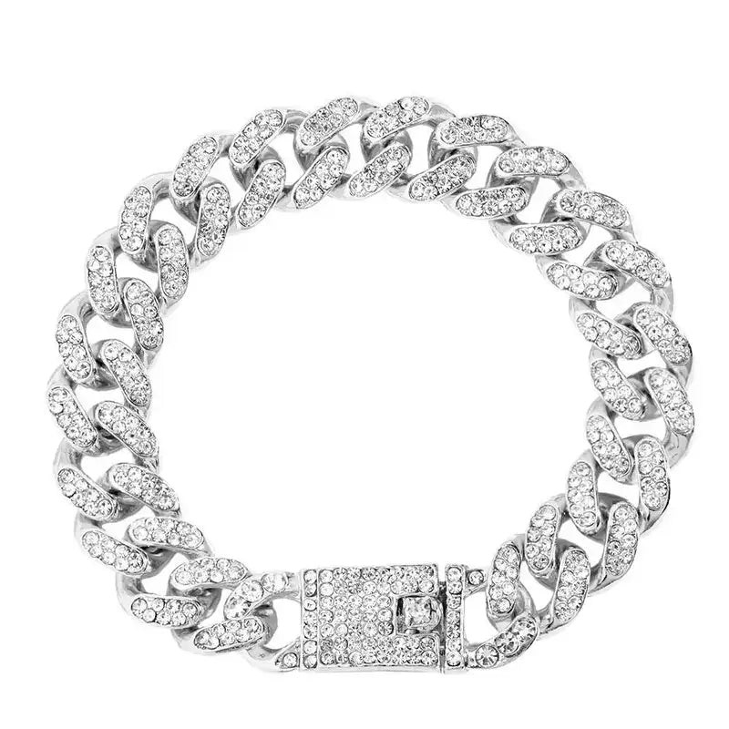 Silver iced-out rhinestone Cuban link bracelet with a sparkling clasp