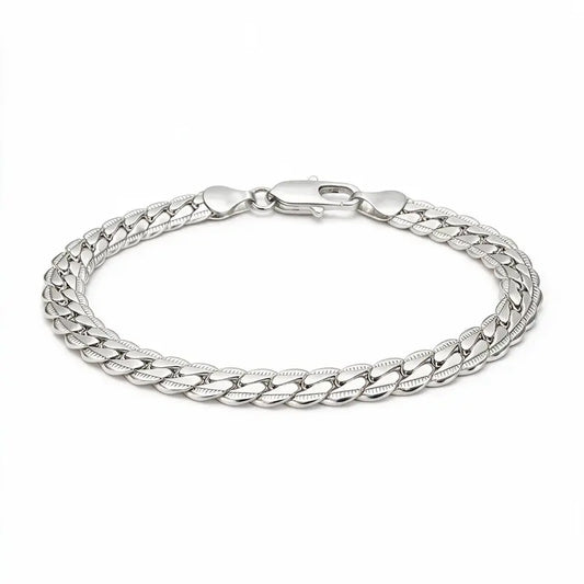 Silver flat curb chain bracelet with diamond-cut texture and lobster clasp, product photo on white background