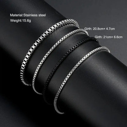 Diagram showing the material, weight and length of the box chain bracelet set