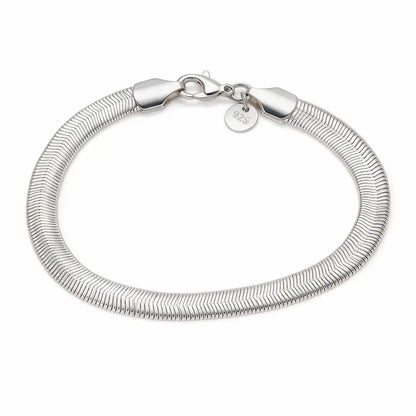 925 sterling silver wide flat herringbone chain bracelet with a lobster clasp, product photo on white background