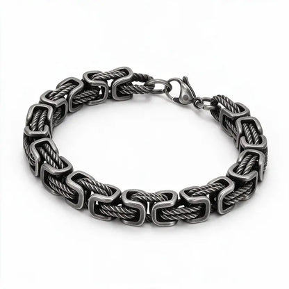 8mm oxidized stainless steel Byzantine bracelet with twisted cable links and rectangular connectors, product photo on white background