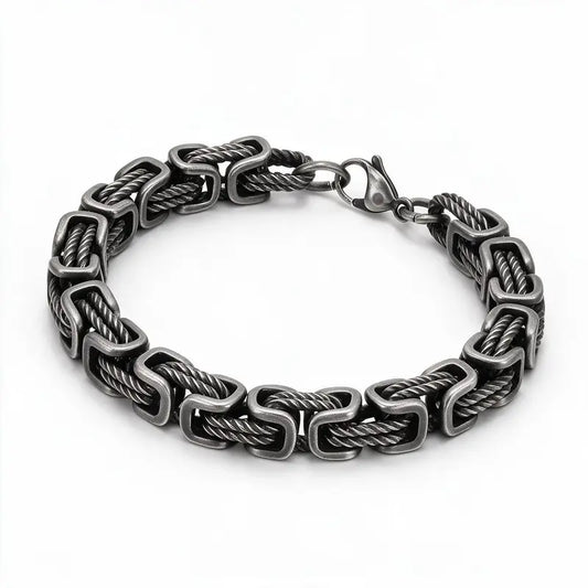 8mm oxidized stainless steel Byzantine bracelet with twisted cable links and rectangular connectors, product photo on white background