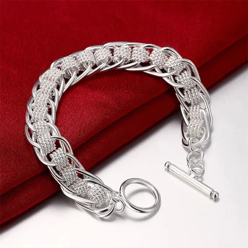 925 sterling silver thick braided rope-link chain bracelet with a T-bar toggle clasp