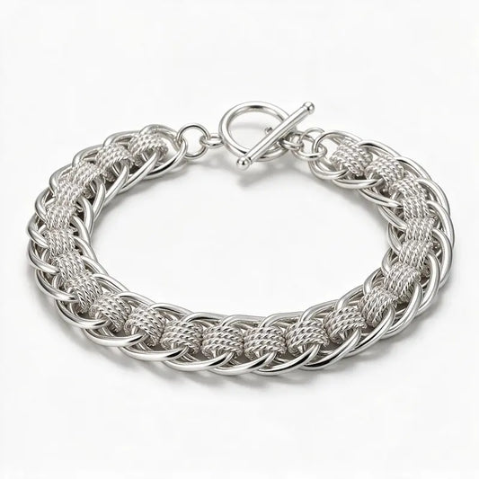 925 sterling silver thick braided rope-link chain bracelet with a T-bar toggle clasp, product photo on white background