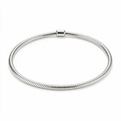 Silver round snake chain bracelet with barrel clasp, product photo on white background