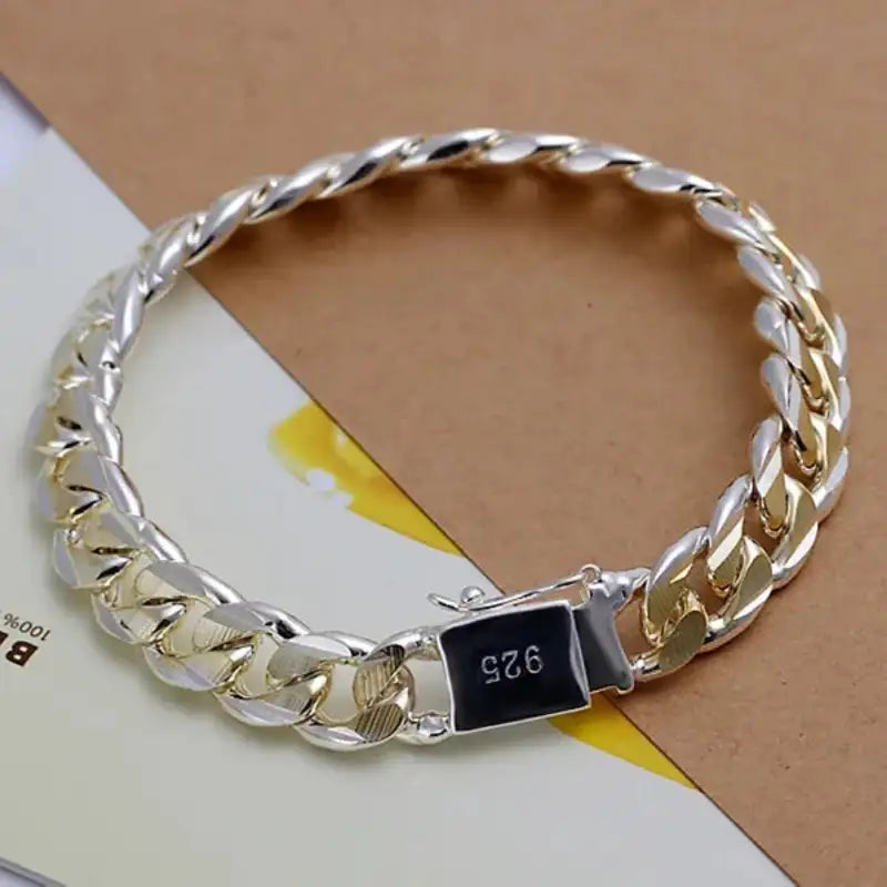 925 sterling silver two-tone gold and silver Cuban curb chain bracelet with a box clasp