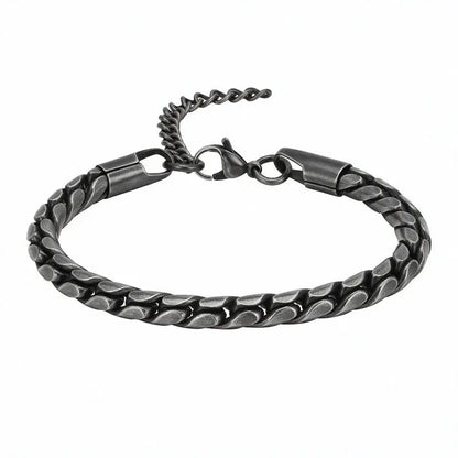 6mm oxidized stainless steel wheat link bracelet with adjustable extension chain, product photo on white background