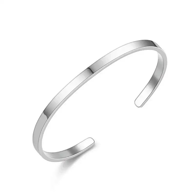 Silver open cuff bracelet, flat bar bent into an adjustable open shape