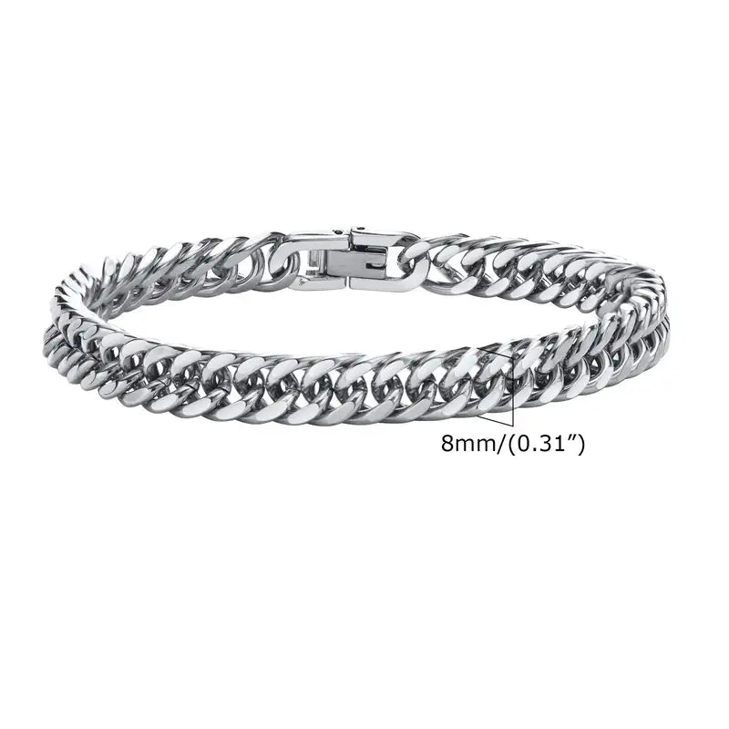 8mm polished silver stainless steel Cuban link bracelet with fold-over clasp, shown from above in a full ring
