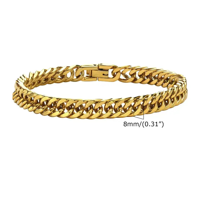 8mm gold-tone stainless steel Cuban link bracelet with a fold-over box clasp, laid flat in a circle