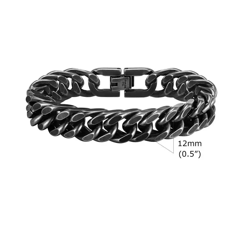12mm oxidized gunmetal Cuban link bracelet showing the bold double-chain width and brushed antique finish