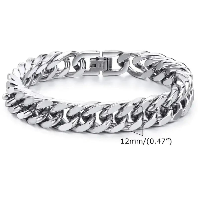 12mm polished silver stainless steel Cuban link bracelet with a heavy double-row chain profile