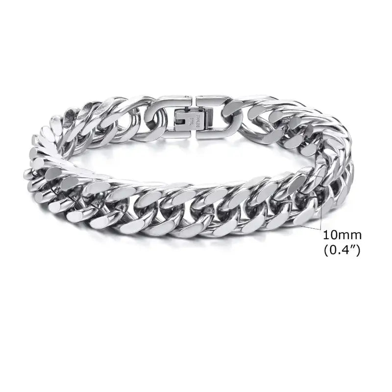 10mm polished silver stainless steel Cuban link bracelet, a mid-width option between the slim and bold sizes
