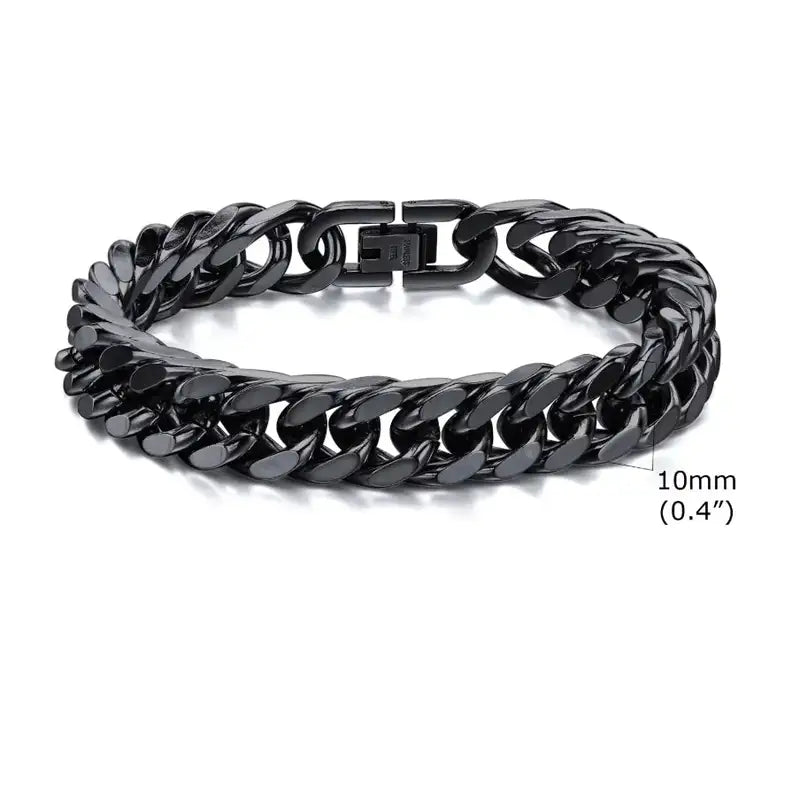 10mm matte black stainless steel Cuban link bracelet with fold-over clasp closure
