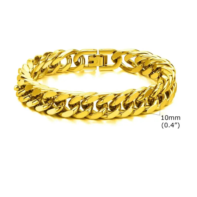 10mm gold-tone stainless steel Cuban link bracelet in a mid-width double-chain design