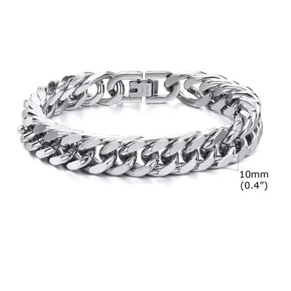 10mm polished silver stainless steel Cuban link bracelet, a mid-width option between the slim and bold sizes