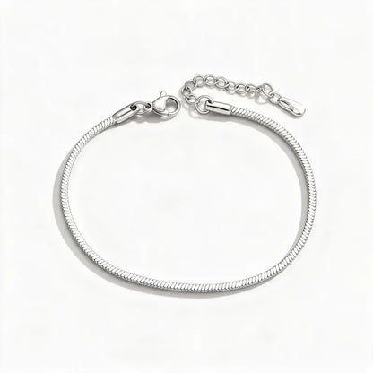 Wisp silver snake chain bracelet with lobster clasp, product photo on white background.
