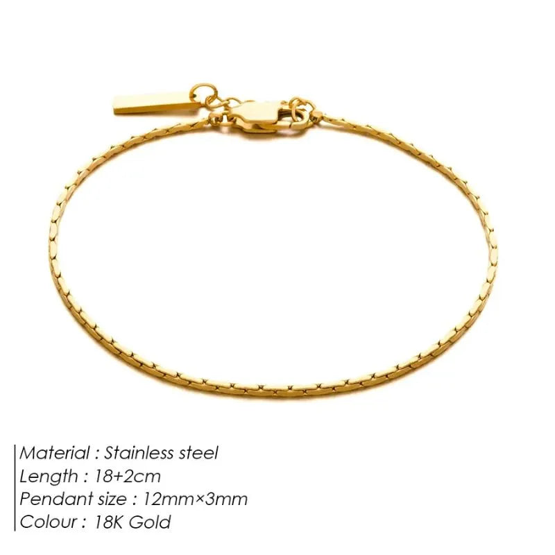 Gold wire chain bracelet laid flat on a white background, labeled Stainless steel, 18+2cm length, 12mm×3mm pendant size, 18K Gold colour.