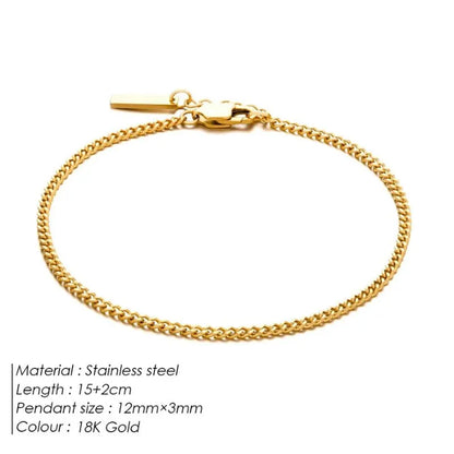 18K gold curb chain bracelet with labelled specifications: stainless steel, 15+2cm length, 12mm x 3mm pendant