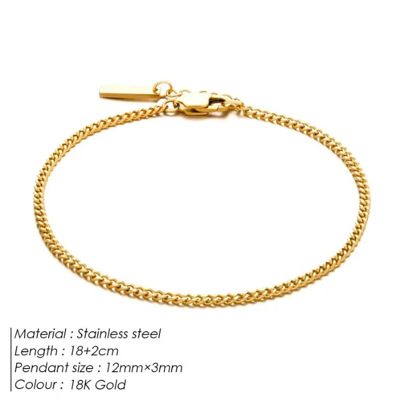 18K gold curb chain bracelet with labelled specifications: stainless steel, 18+2cm length, 12mm x 3mm pendant