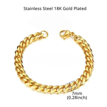Gold Byzantine box-chain bracelet laid flat on a white background, labeled Stainless Steel 18K Gold Plated with a 7mm (0.28 inch) link width.