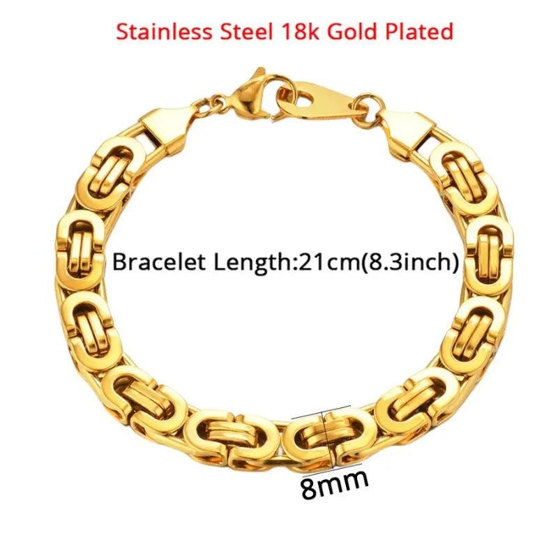 Gold Byzantine box-chain bracelet laid flat on a white background, labeled Stainless Steel 18k Gold Plated with a 21cm (8.3 inch) length and 8mm link width.