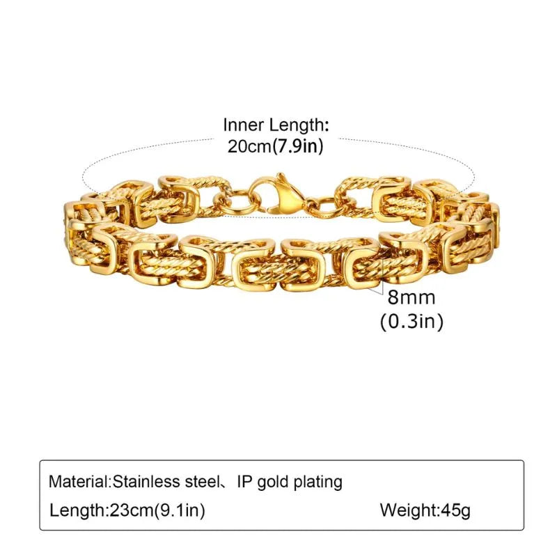 Prestige Gold Link Collection featuring a bold polished gold bracelet crafted from durable stainless steel.