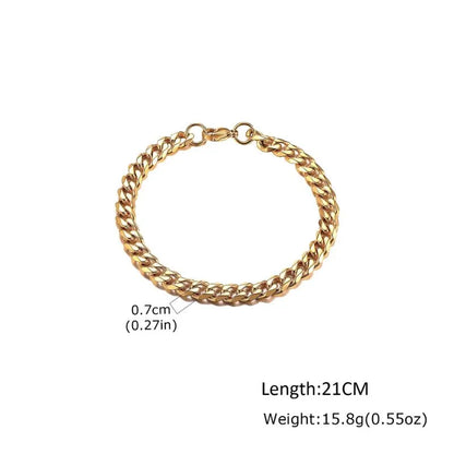 Chunky gold segmented link chain bracelet with beveled cylindrical connectors, dimensions labelled: 0.65cm width, 18+3cm length, 25g weight
