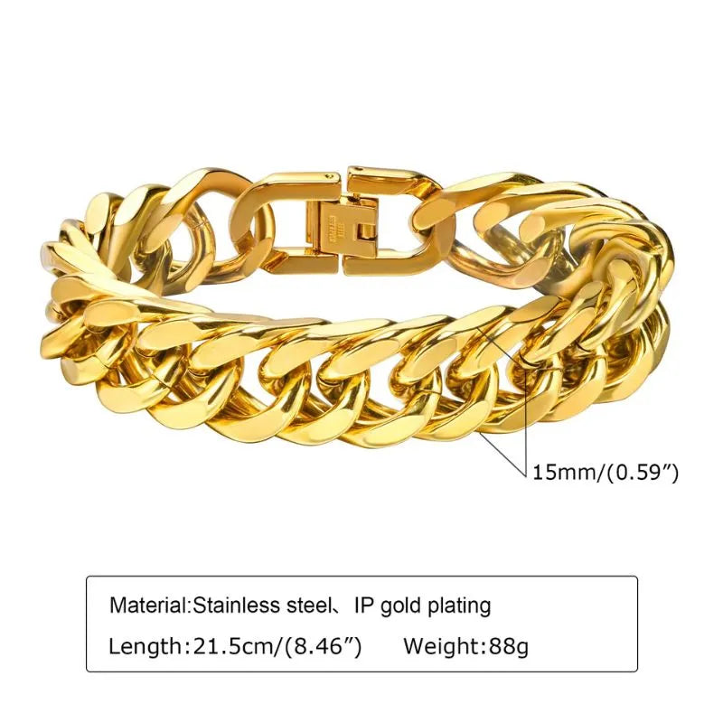 Wide flat gold paperclip chain bracelet with dimensions labelled: 9.2mm width, 20cm inner length, 29g weight
