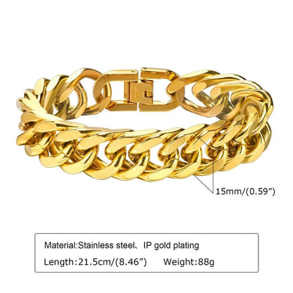 Wide flat gold paperclip chain bracelet with dimensions labelled: 9.2mm width, 20cm inner length, 29g weight