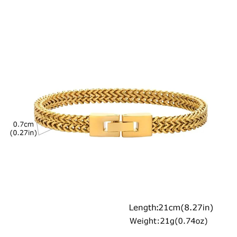 Gold cable oval-link chain bracelet with dimensions labelled: 0.65cm width, 21cm length, 15g weight