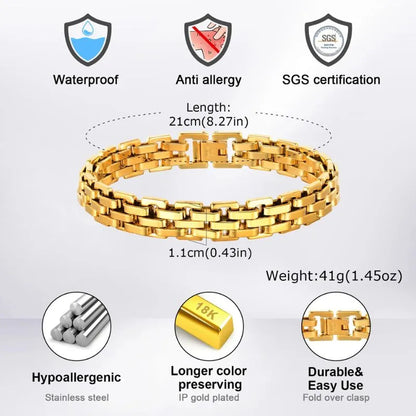 Gold jubilee-style watch link chain bracelet with waterproof, anti-allergy, hypoallergenic and 18K gold plating features labelled