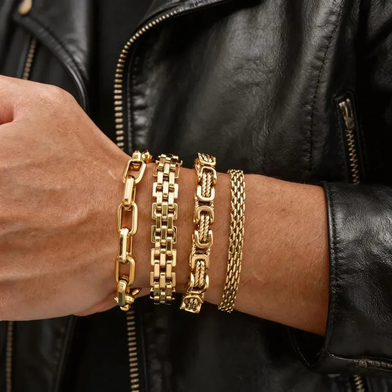Men's Bracelet Gold – Prestige Gold Link Collection featuring a polished stainless steel Cuban link bracelet with a premium gold finish.