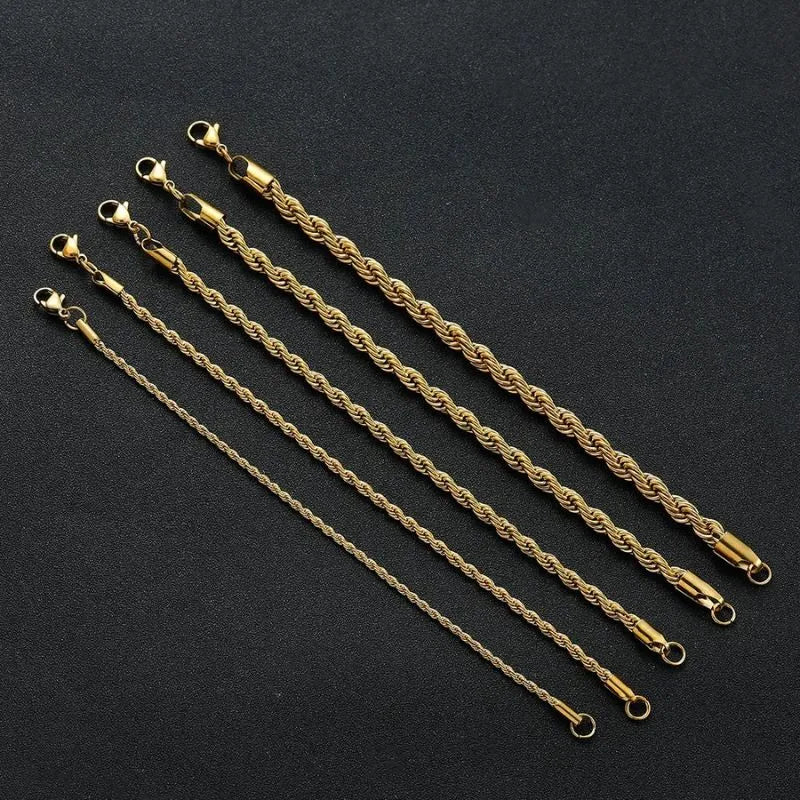 Royal Singapore Rope Bracelet showcasing premium stainless steel construction and brilliant gold color.