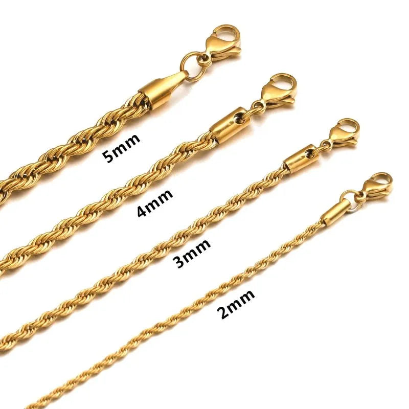 Four gold twisted rope chain bracelets labeled by width — 2mm, 3mm, 4mm, and 5mm — laid diagonally on a white background.