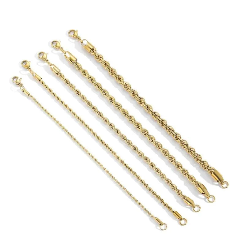Twisted Singapore chain bracelet with a polished gold finish that pairs perfectly with luxury watches.
