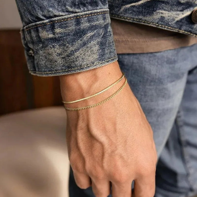 Luxury Men's Bracelet Gold featuring a layered snake chain and Cuban-style bracelet set.