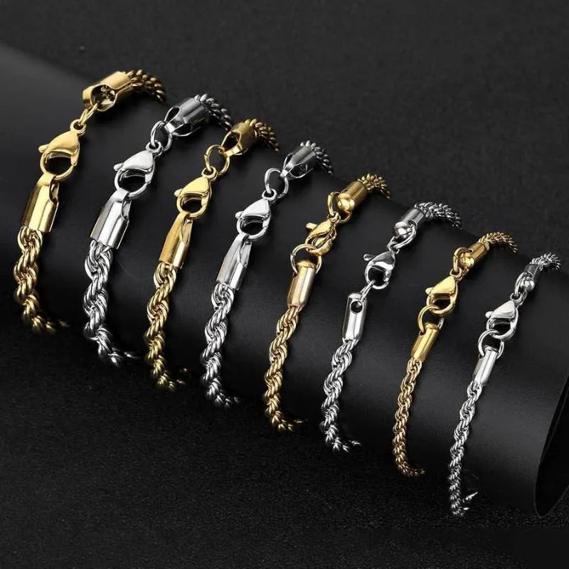 Elegant gold rope bracelet designed with twisted stainless steel links and a secure lobster clasp.
